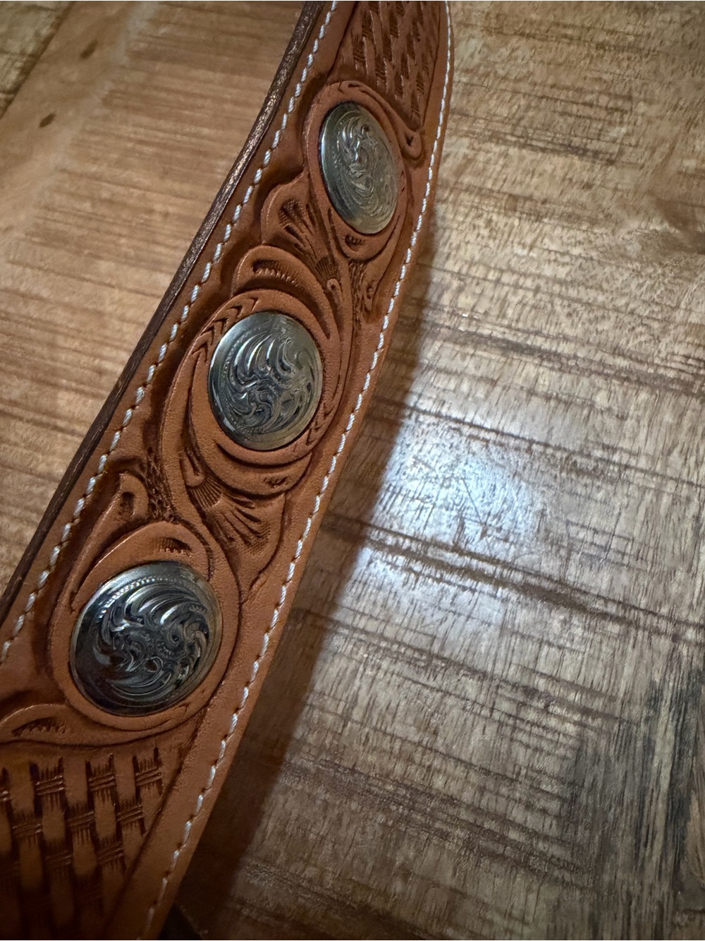 Vintage Montana Silversmiths Silver Plate Buckle Tooled Leather Belt 36” Western - Picture 4 of 16